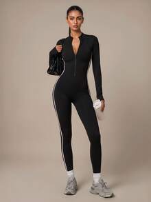 SHEIN BAE Jumpsuit Olahraga Kasual Wanita Motif Blok Warna untuk Perjalanan Sehari-hari - Hitam - View 5