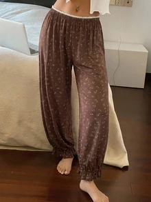 Livesso 女款花卉針織對比飾邊腰帶睡褲 - 棕色 - 查看 6