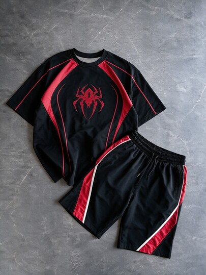 Sport MetroGents Herren Spinnen-Muster Kurzarm T-Shirt und Shorts Sportset