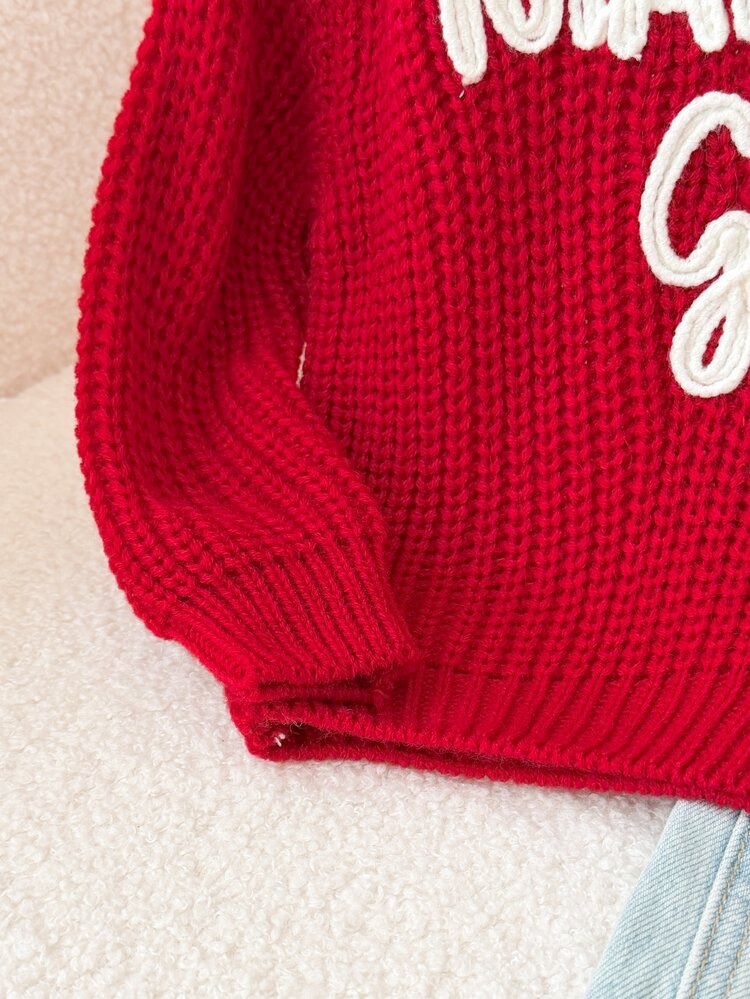 SHEIN Baby Girl Knit Solid Color Letter Pattern Round Neck Loose Casual Winter Sweater Cute Baby Fairy Sweater Family Matching Pastel White Autumn - Red - View 3
