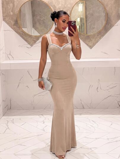 Slaydiva Women Champagne Shiny Fabric Mermaid Maxi Dress Sequins Open Back Vest-Style Formal Evening Dress Bodycon Stretch Evening Wedding Guest Prom