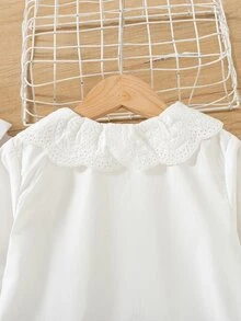 SHEIN 1件日韓風春夏/秋季薄款單件開學甜美蕾絲飾邊彼得潘領白色襯衫，寬鬆長袖通勤百搭青春內搭上衣，時尚甜美白色小襯衫，韓風女孩襯衫 - 白色 - 查看 6