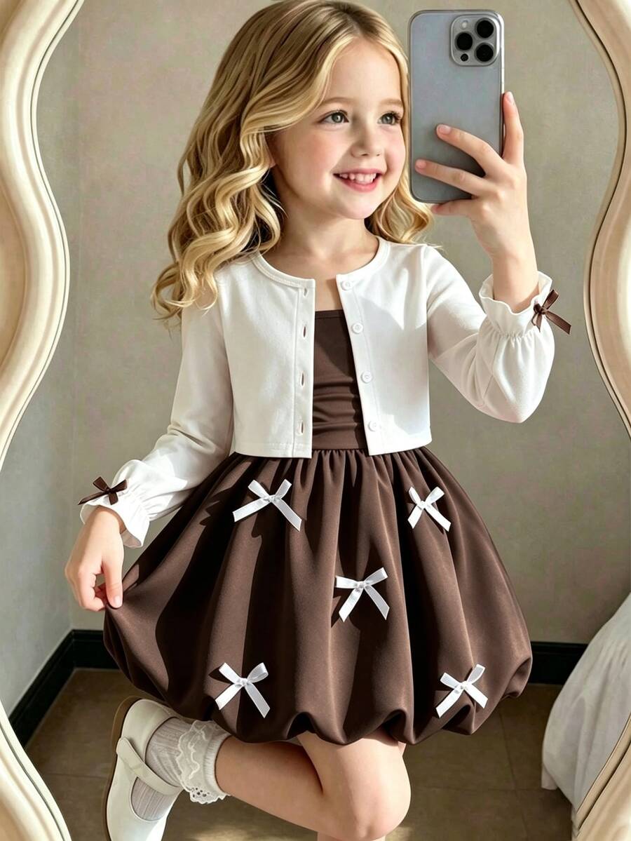 SHEIN Elladie kids 2件組女童幼兒套裝,溫柔女孩風白色長袖外套搭配粉色蝴蝶結細肩帶花苞洋裝,輕便休閒日常度假款,適合春夏 - 棕色 - 查看 1