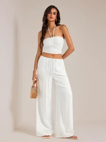 SHEIN Tall بنطلون طويل من الكتان الأبيض بلون موحد بخصر منخفض، بنطلون طويل للعطلات والشاطئ، بنطلون طويل فضفاض من الكتان الأبيض، مناسب للربيع والصيف والخريف والشتاء - أبيض - مشاهدة 6