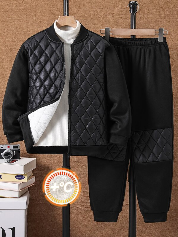 SHEIN 2pcs Kids Tween Boy Fleece Lined Brushed Thick Diamond Pattern Composite Fleece Lined Jacket Baseball Jacket Winter Coat Plus Casual Cargo Patchwork Fleece Lined Pants Set Suitable For Winter Commuting School Daily Casual Vacation Travel