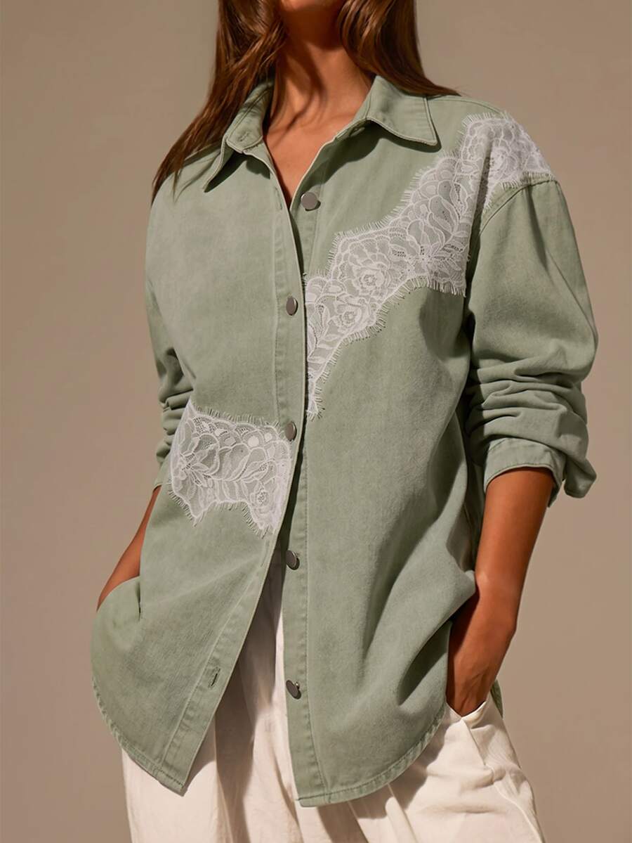 Athîral Denim Women's Lace Patchwork Denim Top - Khaki - View 1