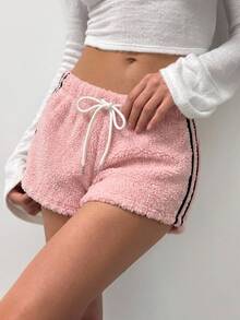 Comfortcana Women's Winter Comfortable Plush Striped Drawstring Waist Shorts - Pink - View 4
