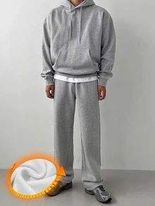 DAZY Men's Autumn/Winter Light Gray Floral Fleece Hoodie Sweatshirt And Straight Leg Sweatpants Set With Ribbed Hem And Cuffs, Elastic Waist - Grey - View 1