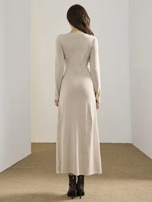 Heiryn Women's Solid Color Round Neck Long Sleeve Casual Knit Dress - Khaki - View 2