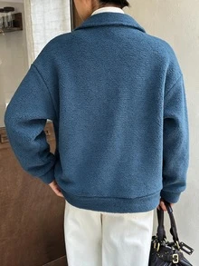 Elamini Women's Blue Lambswool Lapel Zipper Design Loose Fashion Casual Street Vintage Commute Jacket - Blue - View 2