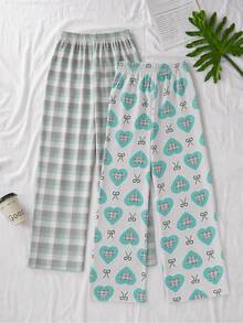 SHEIN Women Cotton 2 Pcs Fake Drawstring Solid Color Sleep Pants Home Wear Comfort Set - Multicolor - View 1