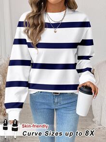 SHEIN CURVE+ Plus Size Women's Blue Striped Pattern Print Crew Neck Long Sleeve White Sweatshirt, Suitable For Autumn/Winter, White Sweatshirt Fall - Multicolor - View 1