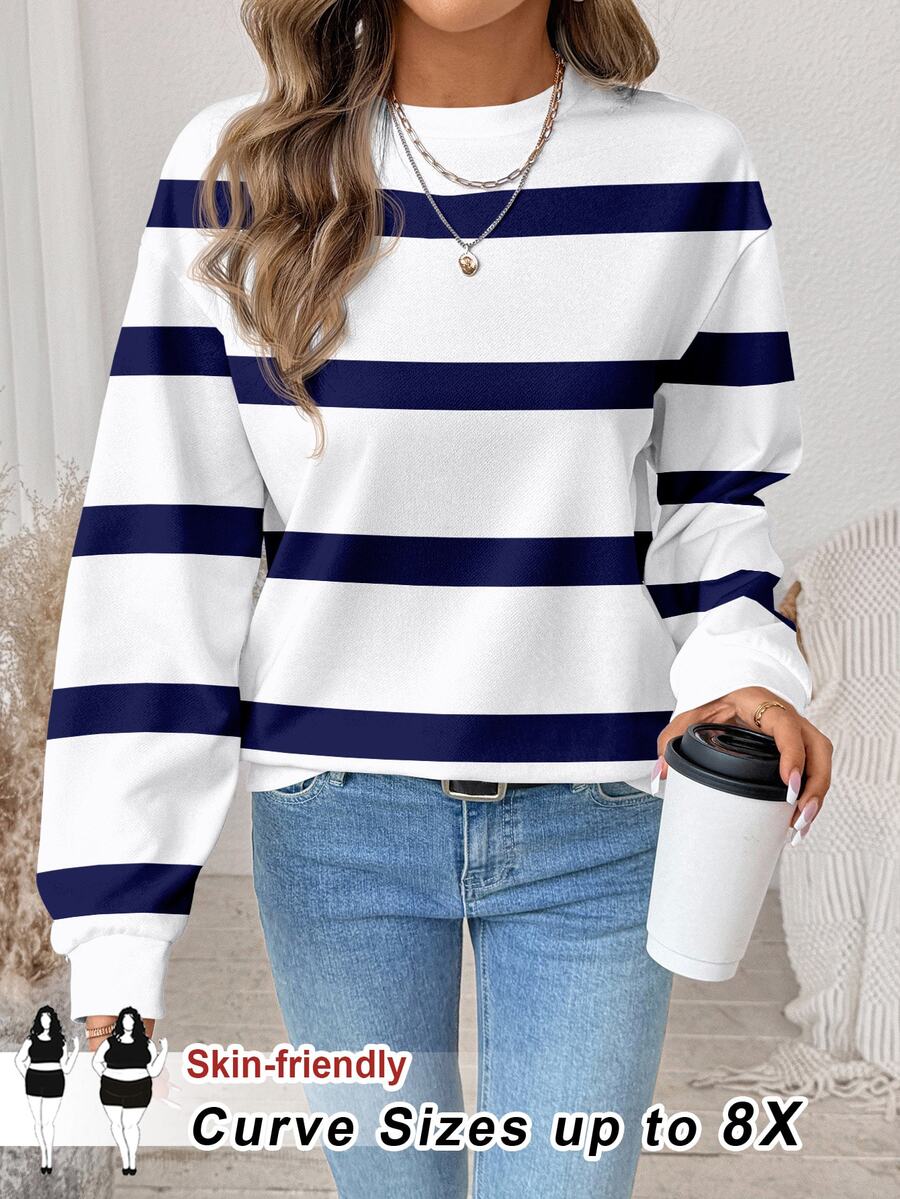 SHEIN CURVE+ Plus Size Women's Blue Striped Pattern Print Crew Neck Long Sleeve White Sweatshirt, Suitable For Autumn/Winter, White Sweatshirt Fall - Multicolor - View 1