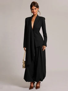 SHEIN BAE Women's Solid Color Casual Versatile Daily Wear Suit Lantern Pants - Black - View 1