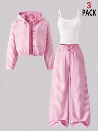 SHEIN Tween Girls 3pcs Outfit Set Pastel Vertical Striped Cropped Hooded Jacket White Camisole Top Elastic High Waist Wide Leg Pants School Birthday Fall