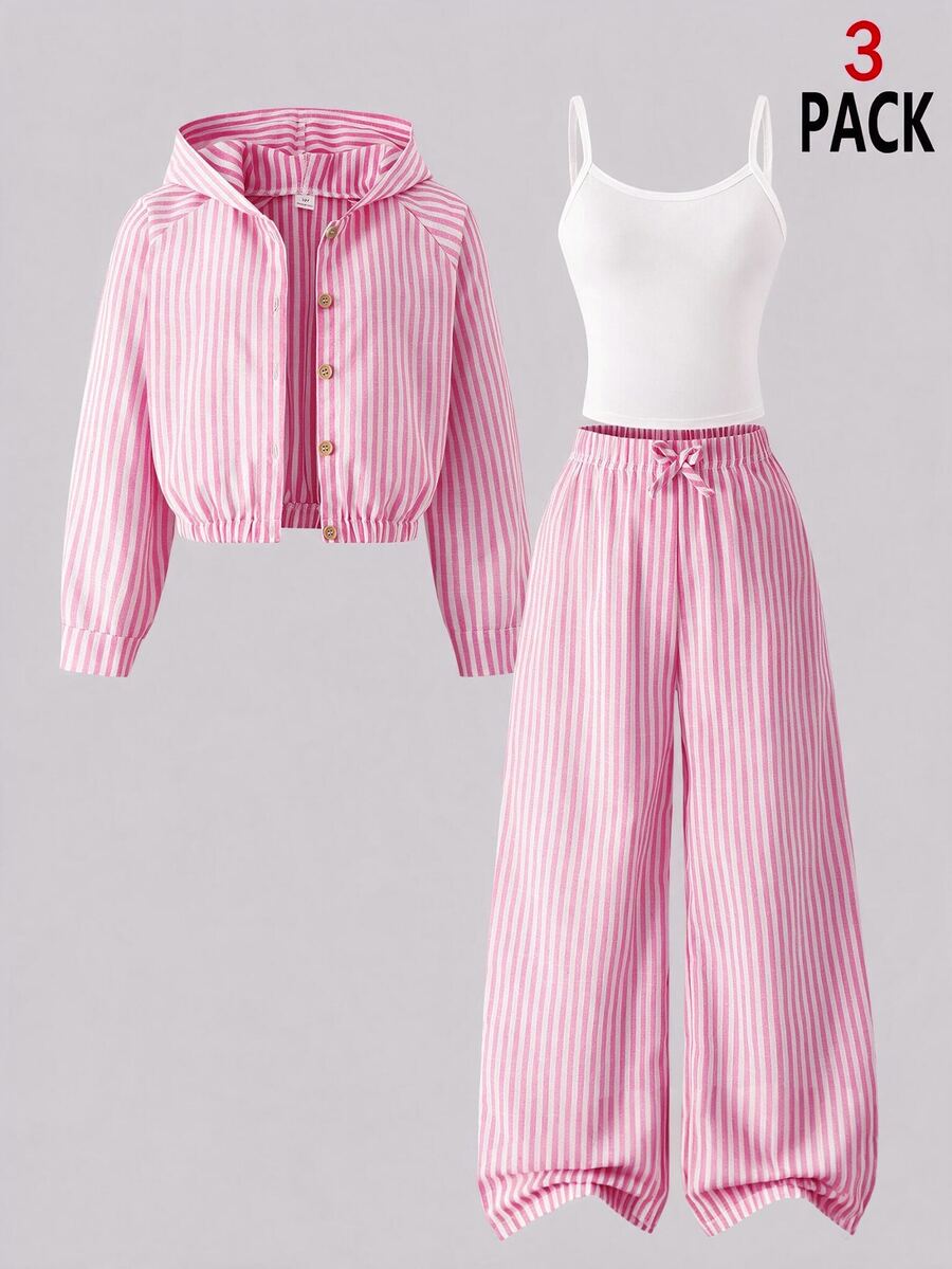 SHEIN 青少年女孩 3 件套服裝組合 粉色直條紋短版連帽外套 白色細肩帶背心上衣 與彈性高腰寬鬆寬腿長褲 時尚服飾 - 粉色 - 查看 1