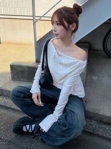 FRIFUL Women's Polka Dot Print Asymmetric Neck Long Sleeve Fashion T-Shirt Fall - White - View 4