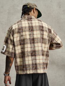 PAVTROS Men's Plus Size Letter Plaid Short Sleeve Single-Breasted Casual Shirt - Brown - View 2