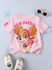 SHEIN | PAW Patrol 1pc Fun Casual Style Young Girl Cartoon Print Round Neck Short Sleeve Comfortable T-Shirt - Pink - View 1
