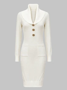 Balvessa Minimalist Intellectual Style Large Lapel Half-Button Metal Button Long Sleeve Double Side Pocket Bodycon Drape Commuter Vibe Women's Sweater Dress - White - View 6