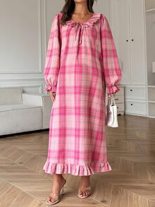 DAZY Plaid Loose Long Dress With Ruffle Hem, Casual Everyday Korean Style For Young Women, Spring/Autumn Maternity Dress - Pink - View 3