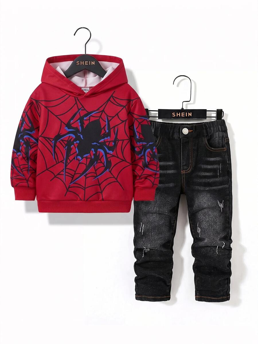 SHEIN 小男孩 2件/套街頭風套裝：紅色蜘蛛圖案連帽衫搭配黑色高彈力破洞緊身牛仔褲 - 適合小男孩秋冬服飾