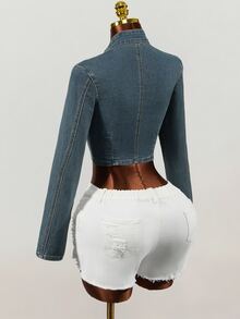 SHEIN Women's Letter Pattern Patchwork Casual Daily Denim Jacket - Blue - View 2