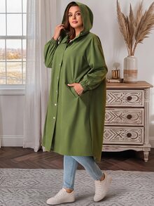 EMERY ROSE Plus Size Solid Hooded Button Front Long Sleeve Trench Coat With Pockets Fall Winter 2026 - Army Green - View 7