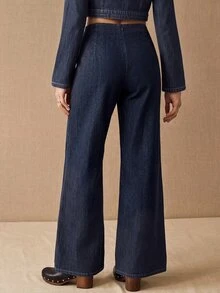 CielaLinda Women's Frog Button Denim Flared Pants, Vintage Inspired Jeans - Blue - View 2