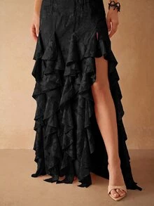 Silquee 蓮葉拼接高開衩性感露背綁帶女款洋裝 - 黑色 - 查看 5