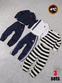 SHEIN 3套買2送1兒童青少年男孩休閒運動軟布料連帽衛衣與運動長褲套裝，海軍藍連帽衫、黑色連帽衫、白色連帽衫，基礎上衣，適合秋冬、學校、家庭聚會，秋季穿搭，冬季穿搭 - 彩色 - 查看 3
