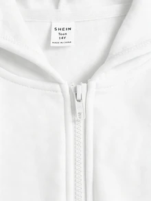 SHEIN 青少年女孩白色保暖內裡連帽百搭休閒衛衣，秋冬長袖純色極簡學院風衛衣 - 白色 - 查看 5