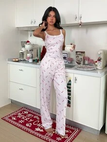 ZzzCrew Christmas Element Print Fine Ribbed Lace Camisole & Sexy Long Pants Pajama Set - Baby Pink - View 2