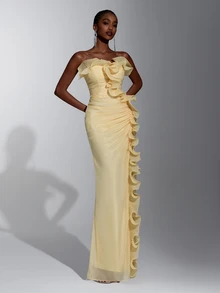 Elitara Elegant Pale Yellow One-Shoulder Ruched Organza Evening Gown With Ruffle Trim, High Slit And Floor-Length Fitted Silhouette For Wedding Guest, Bridesm - Yellow - View 4