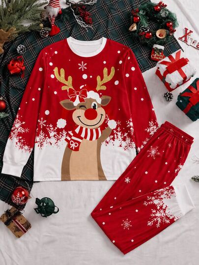 SHEIN Christmas Men's Reindeer Print Long Sleeve Top And Pants Loungewear Set