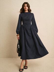Poéselle Women's Striped Casual Party Long Dress,Suitable For The Office Or Teachers' Day.Winter Dress - Navy Blue - View 4