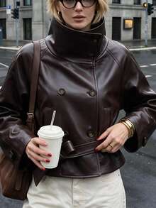 Struktiv Funnel Neck Double Breasted Belted Faux Leather Cropped Jacket - Coffee Brown - View 3
