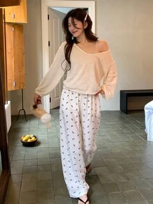 DAZY Women's Solid Color Drop Shoulder Long Sleeve Top, Camisole And Bow Pattern Long Pants Pajama Set Fall - White - View 8