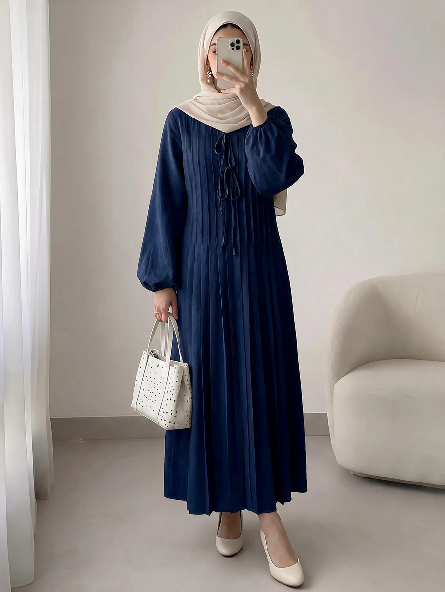 Solavon Women's Autumn Casual Solid Color Tie-Waist Long Dress - Navy Blue - View 1