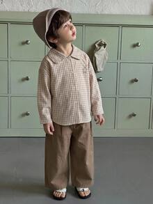 Dazy Kids Young Boys Casual Plaid Long Sleeve Shirt + Straight Leg Pants Casual Shirt Set Fall - Apricot - View 8