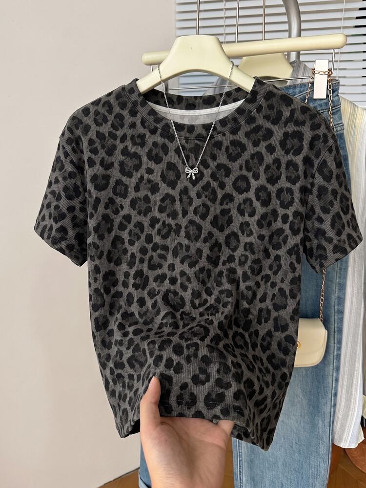 Muvela Women's Casual Round Neck T-Shirt, Leopard Print, Women's Casual Wear - Multicolor - View 3