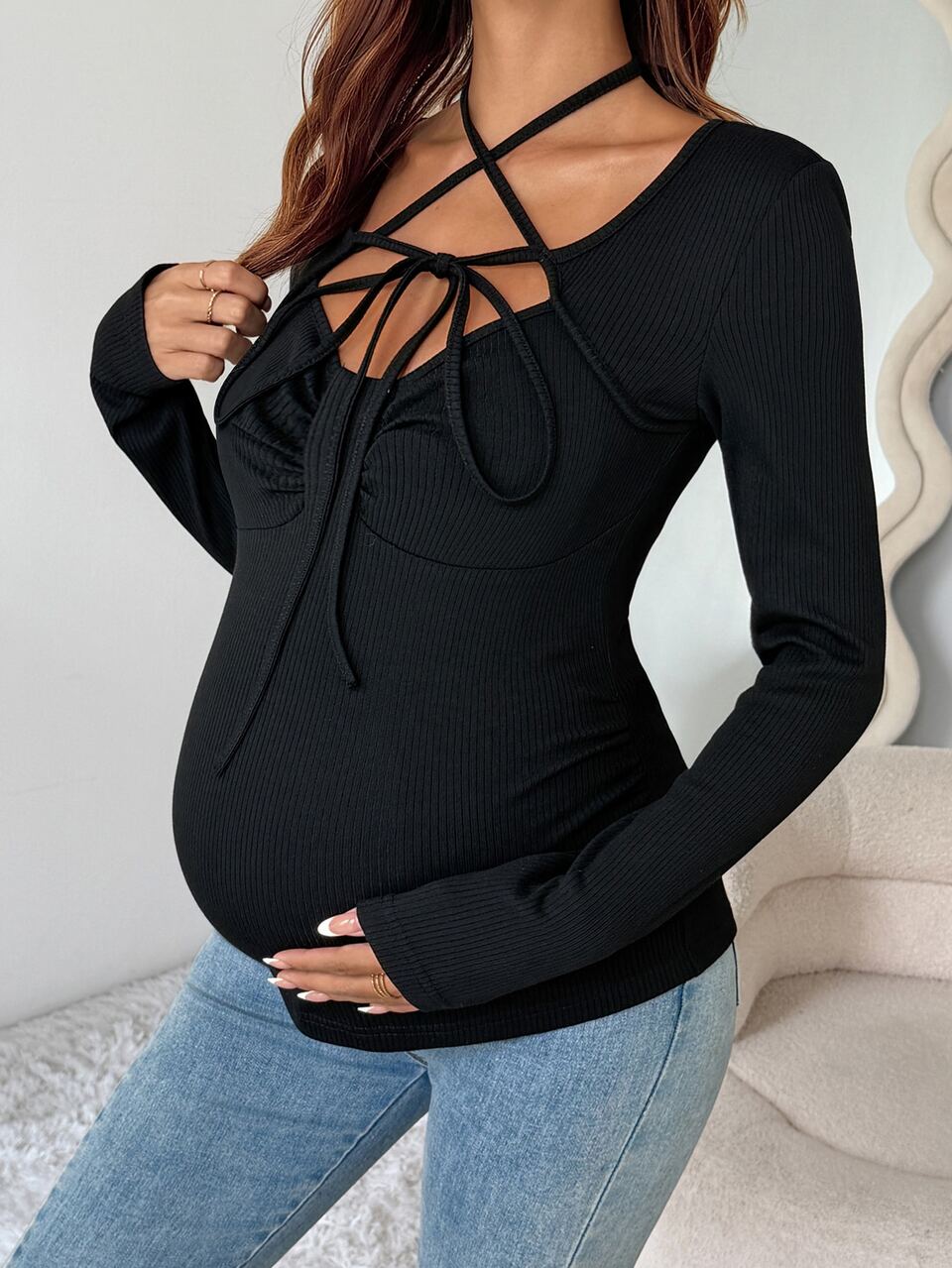 Solid Color Fitted Lace-Up Hollow Long Sleeve Elastic Top Casual Holiday Daily Spring Autumn Maternity T-Shirt Vacation