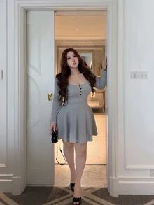 Vibekara Plus Size Women's Button Half-Placket Casual Cute Ribbed Knit Dress With Equestrian Embroidery Autumn Graduation Club Grey - Light Grey - View 4