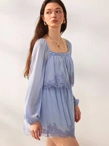 Willow Rêve 女款淺藍色寬鬆雪紡迷你洋裝，蕾絲飾邊，方領，雙層下擺，復古可愛浪漫田園風，適合秋季度假、派對、早午餐 - 紫色 - 查看 4