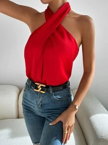 SHEIN Tall Women's Solid Color Fashion Versatile Criss-Cross Halter Neck Tank Top - Red - View 5