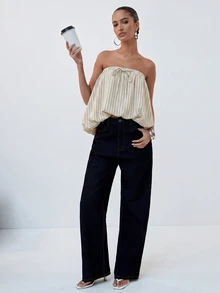 Hauture Denim Bubble Hem Strapless Top - Multicolor - View 4