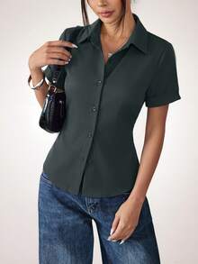 SHEIN PETITE Women's Solid Color Casual Versatile Daily Wear Shirt - Dark Grey - View 6