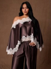 Rustia Setelan 2 Potong Atasan dan Celana Patchwork Berhiaskan Renda Prancis Elegan Ukuran Plus untuk Pesta Koktail Musim Gugur, Warna Cokelat - Purple - View 5