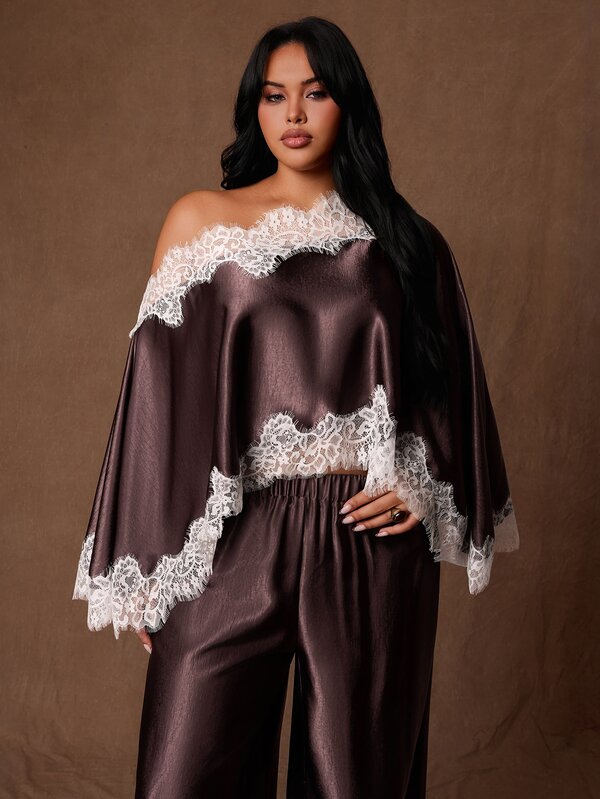 Rustia Plus Size Elegant French Lace Trim Patchwork Top And Pants 2 Pieces Set