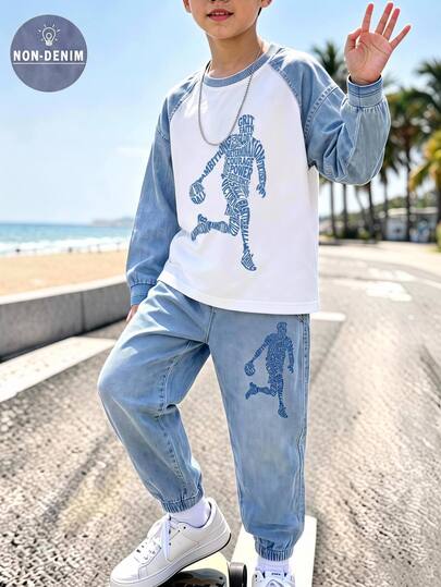 SHEIN Ensemble sweat-shirt et pantalon de survêtement décontracté pour garçons préadolescents, effet denim, motif basket-ball, adapté à l'automne/hiver, à l'école, aux réunions de famille, aux fêtes de vacances, tenue d'automne, tenue d'hiver, ensemble pour garçons